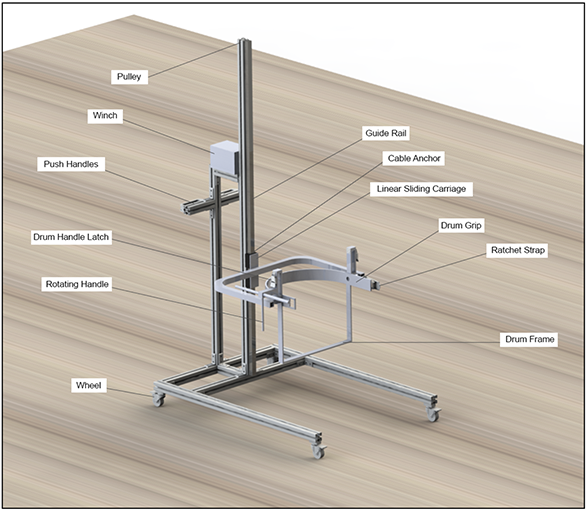 A rendered image of an aluminum pail handler